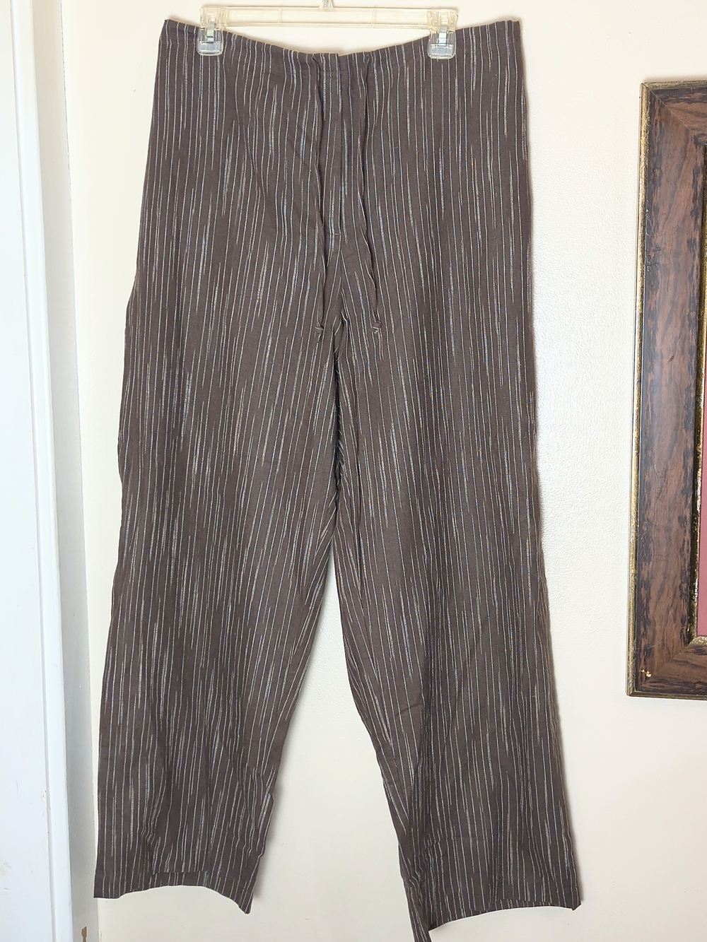 Brown pin striped wide leg high rise linen cotton blend pants